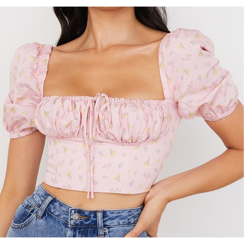 House of CB Arianna Pink Floral Puff Sleeve Corset Milkmaid Size Large L+